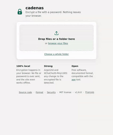 Demo: a file named annual-report-2026.pdf is chosen, a five-word passphrase is generated and rated excellent, the file is encrypted in a few seconds and annual-report-2026.pdf.cadenas is ready to download.